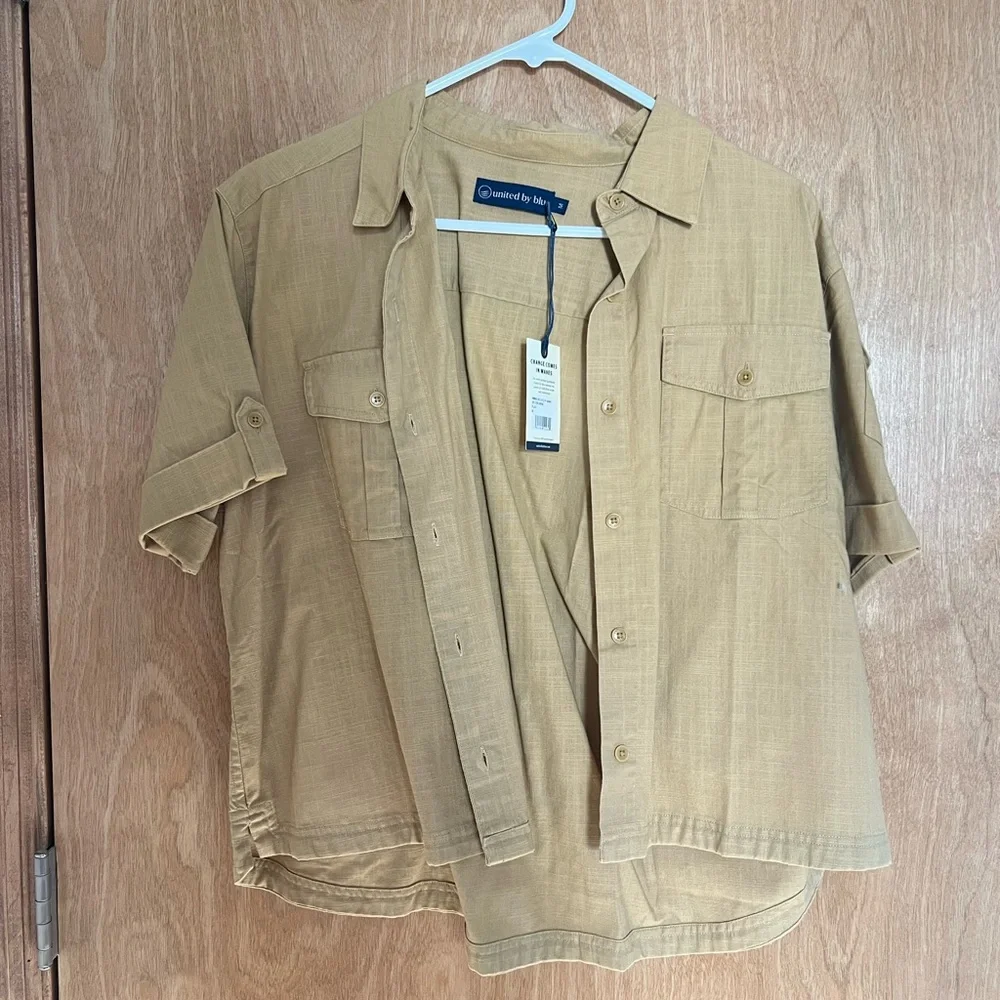 United By Blue tan flax organic cotton utility short sleeve button-up shirt - Picture 1 of 3